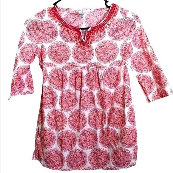 SALE Calypso St Barth Target Blouse Girl Medium 7 8 Pink Medallion 3/4 Sleeve To - Picture 1 of 8